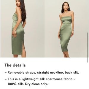 Reformation Olive Green Strapless Silk Midi Dress
